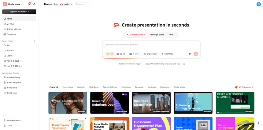 Presenti workspace used to turn an approved chart outline into an editable presentation draft