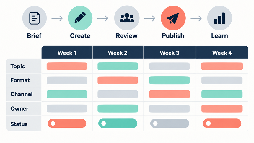 Editorial calendar workflow from brief through publishing and learning