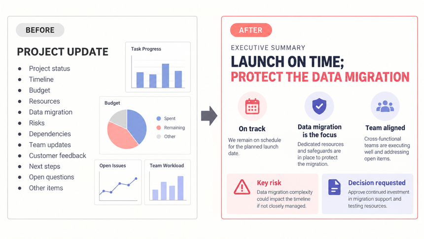 Before-and-after example changing a vague project update into a decision-ready executive summary slide