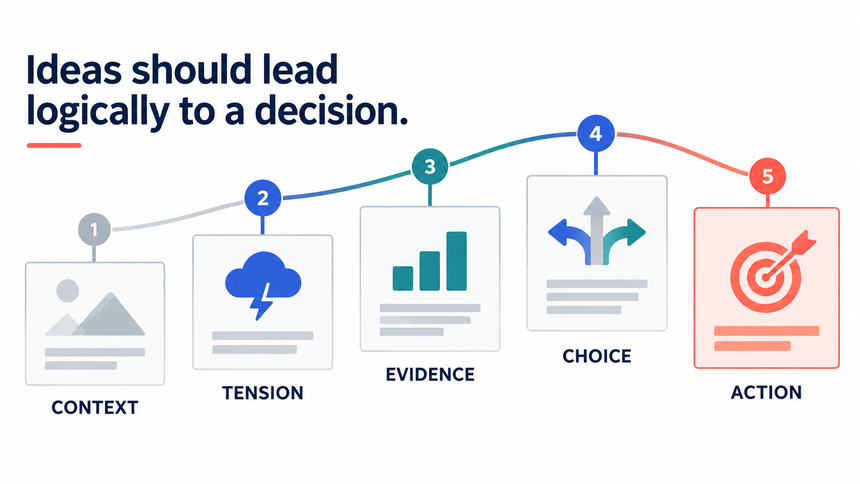 Presentation narrative arc moving from context and tension to evidence, choice, and action