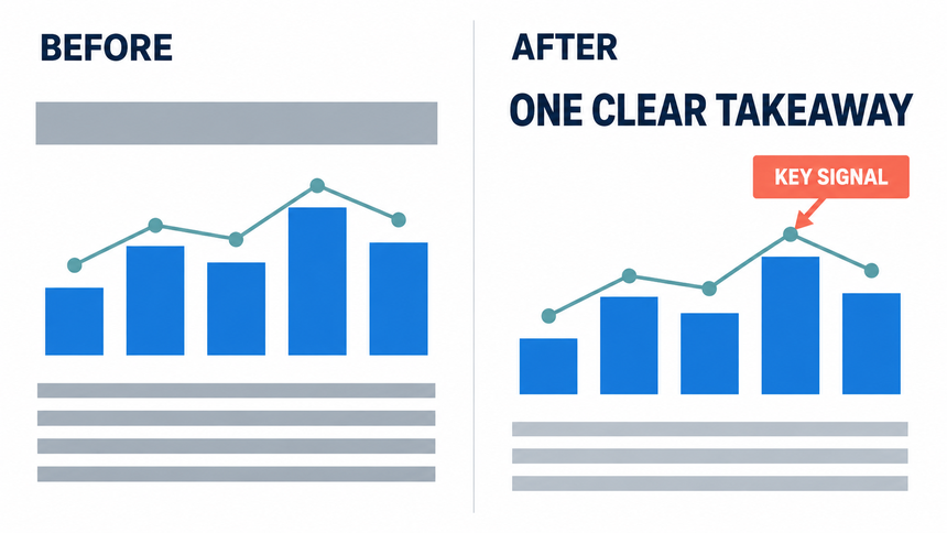 Before-and-after slides showing how visual hierarchy clarifies the key takeaway