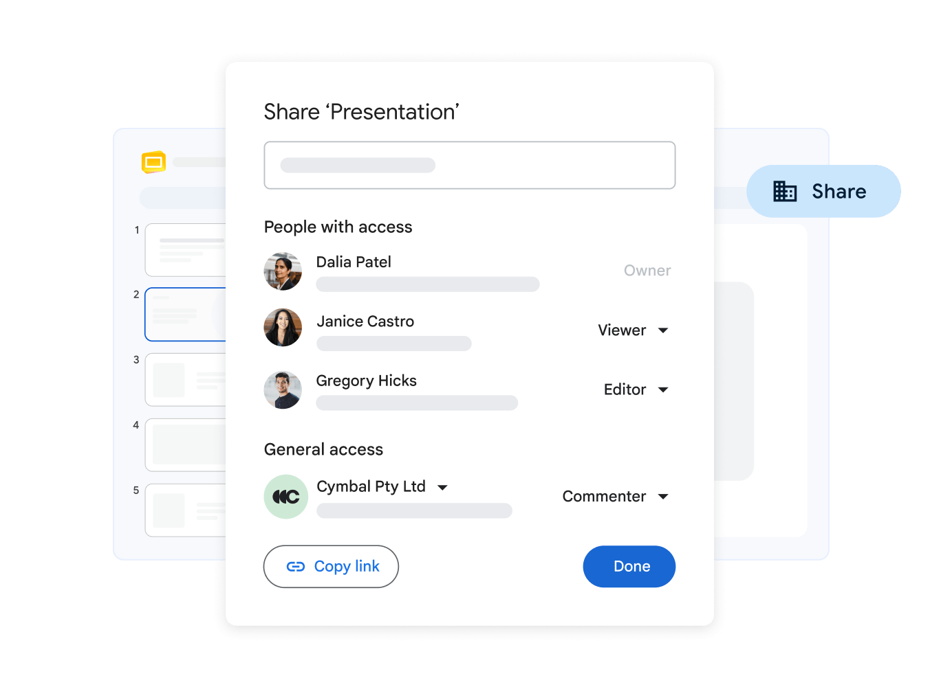 Google Slides sharing dialog with owner, viewer, editor, and commenter roles