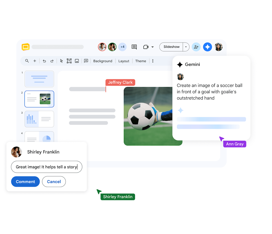 Google Slides editor with slide thumbnails, comments, collaborators, and editing controls
