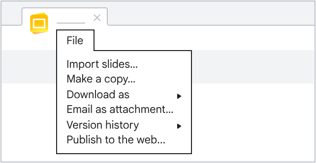 Google Slides File menu with import, copy, download, and version history options