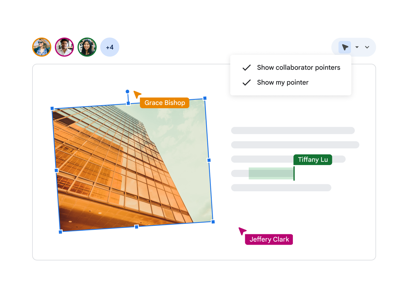 Google Slides editor showing multiple collaborators and live pointers