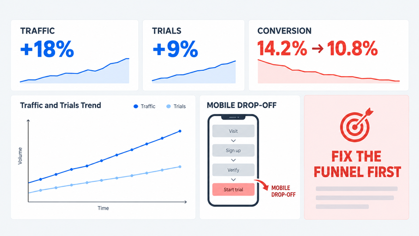 Illustrative funnel metrics showing traffic growth alongside a mobile conversion decline