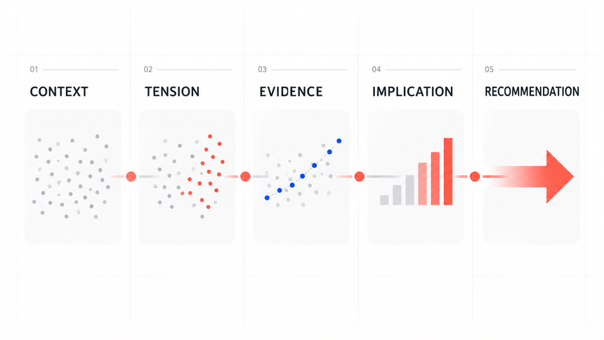 Data storytelling narrative arc from context to recommendation