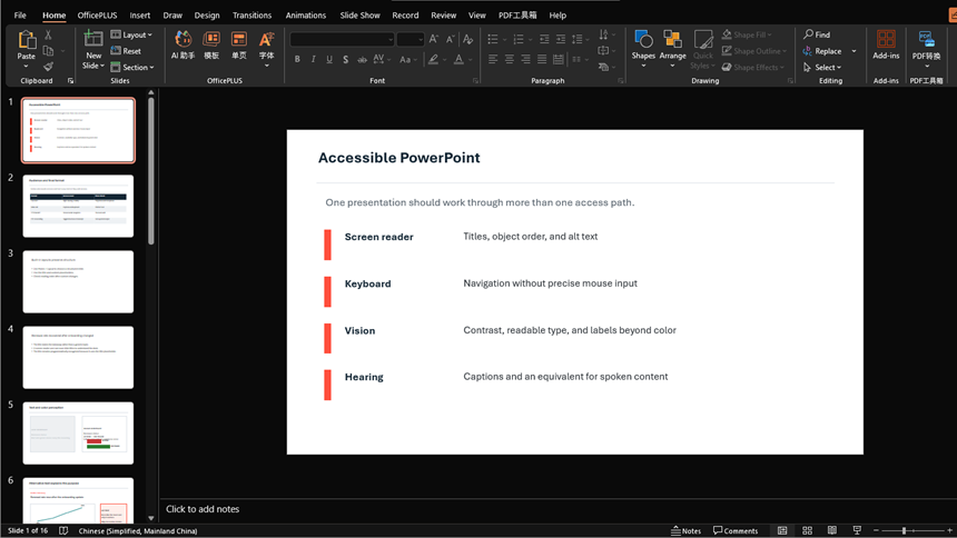 Microsoft PowerPoint window showing access paths for screen readers, keyboard users, vision, and hearing
