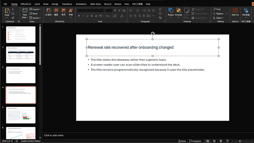 Microsoft PowerPoint slide with a meaningful takeaway in the recognized title placeholder
