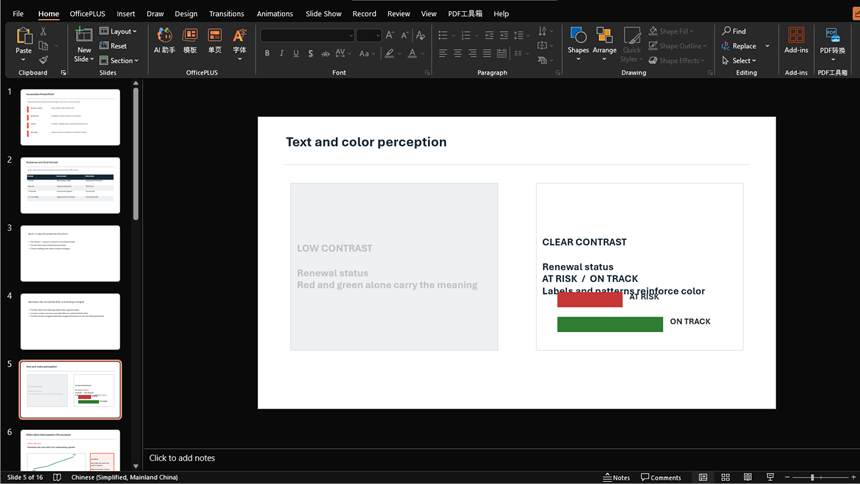 Microsoft PowerPoint slide comparing low-contrast color-only status cues with labeled high-contrast cues