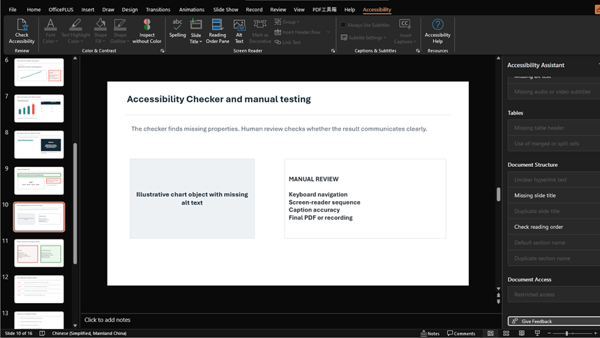Microsoft PowerPoint Accessibility Assistant showing missing titles and reading-order findings beside manual test checks