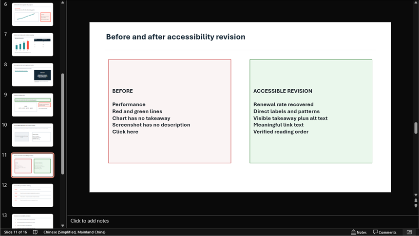 Microsoft PowerPoint slide comparing an inaccessible presentation example with its accessible revision