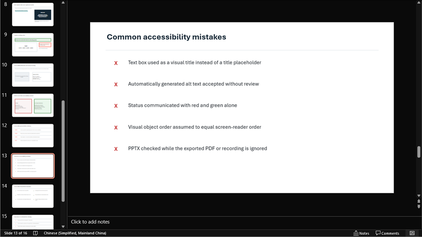 Microsoft PowerPoint slide listing common accessibility mistakes in presentation files and delivery
