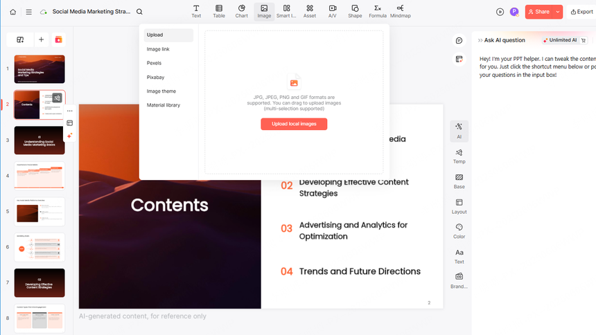 Presenti editor workspace showing an editable presentation draft