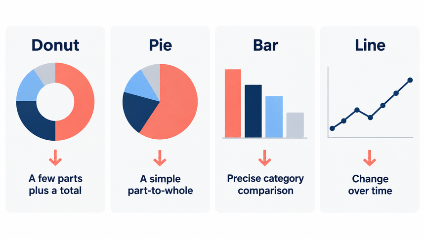 Decision guide comparing donut, pie, bar, and line charts for presentation data