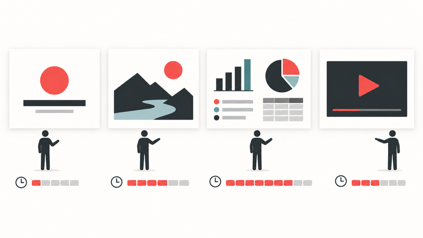Different slide functions shown with different visual density and speaking-time needs