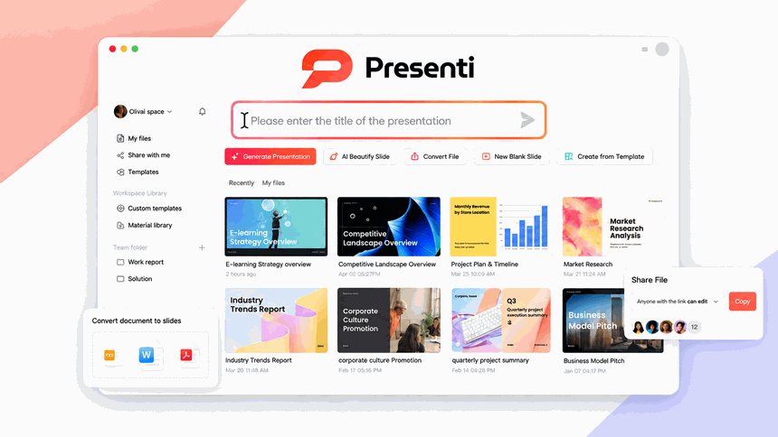 Presenti AI workspace with presentation thumbnails and source-to-deck controls in a minimal coral and blue frame