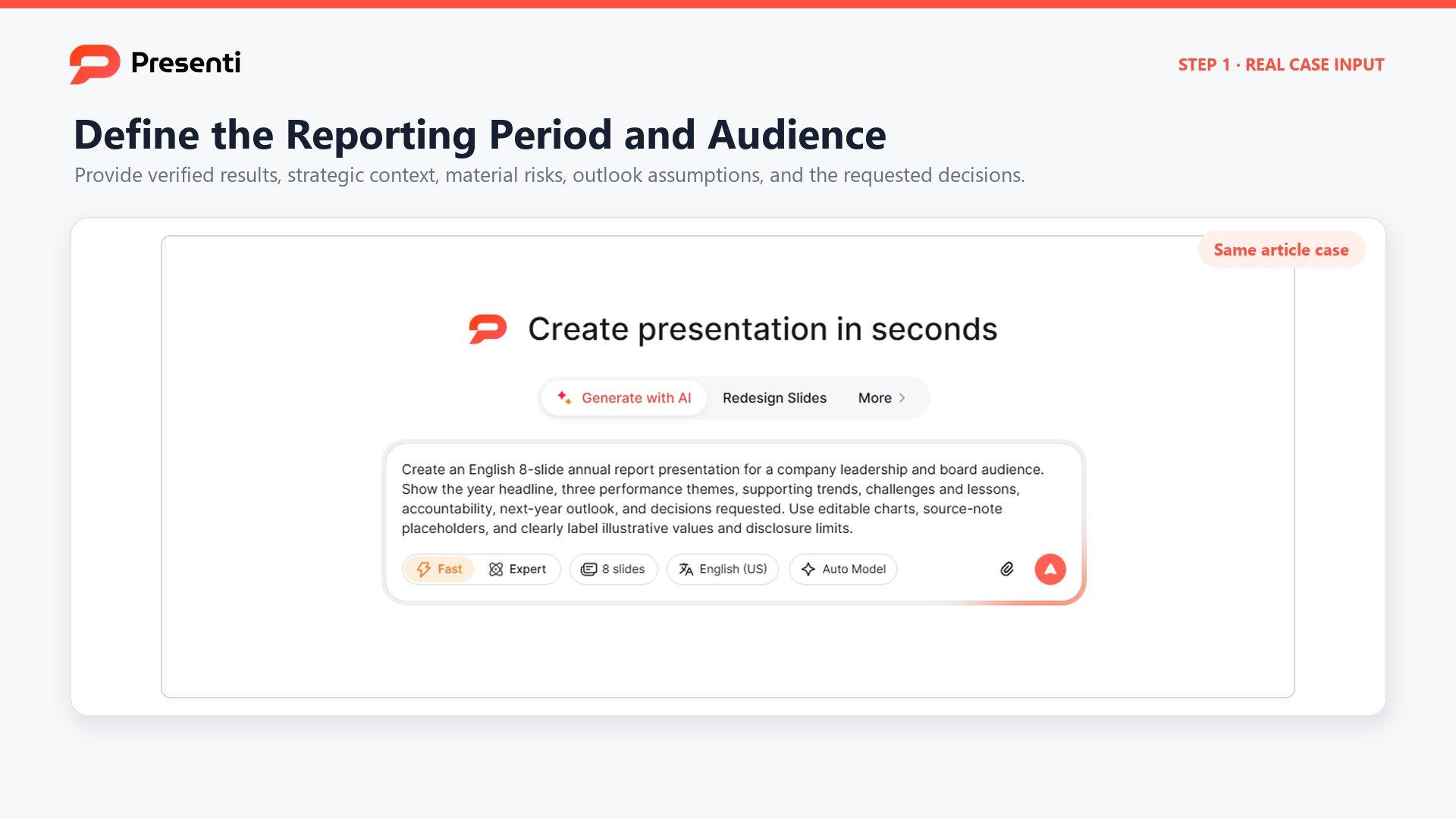 Presenti prompt field with an eight-slide annual report presentation brief
