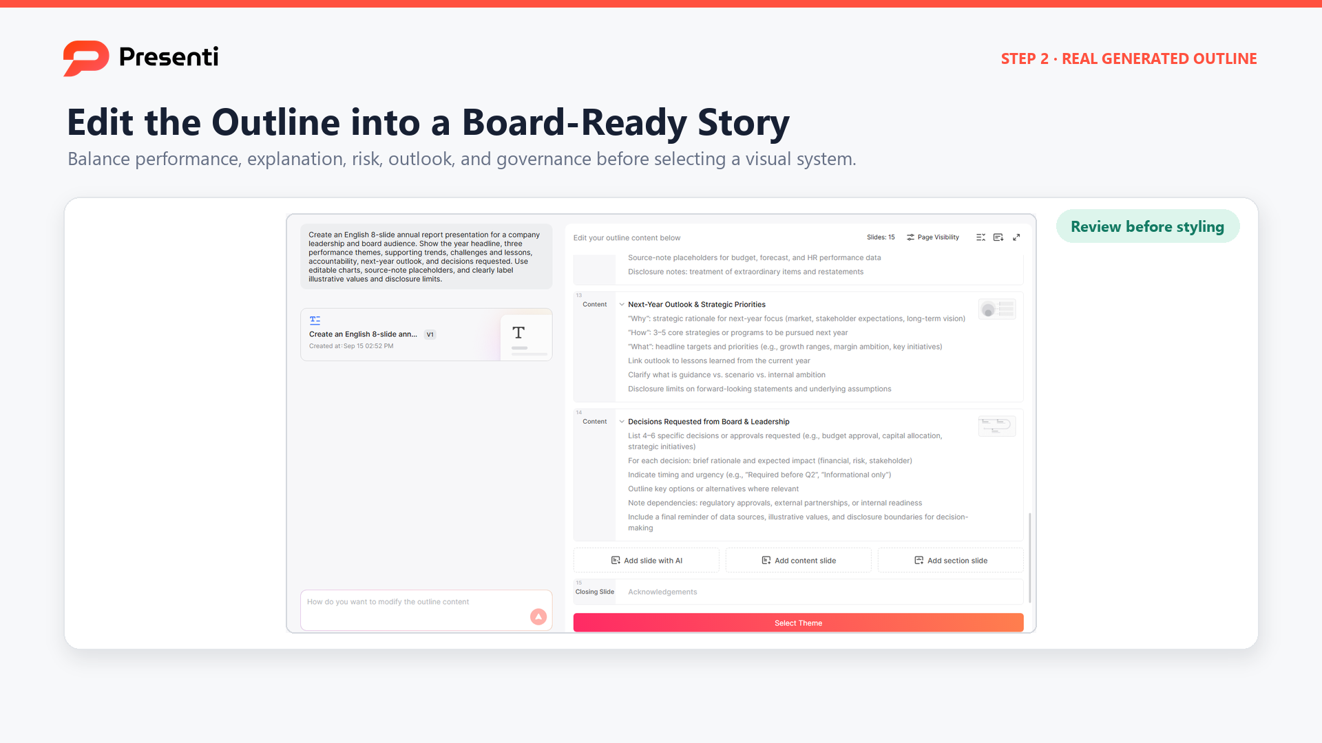 Presenti outline editor with the generated annual report presentation structure