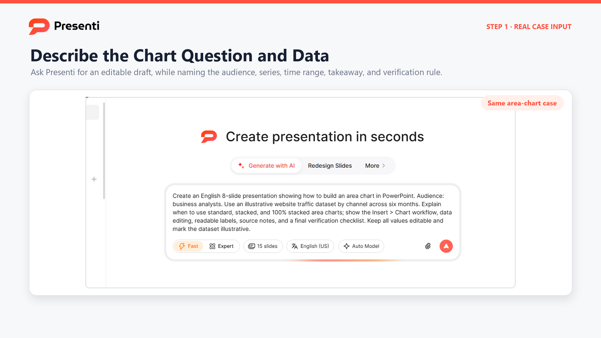 Presenti prompt field with an eight-slide area chart presentation brief