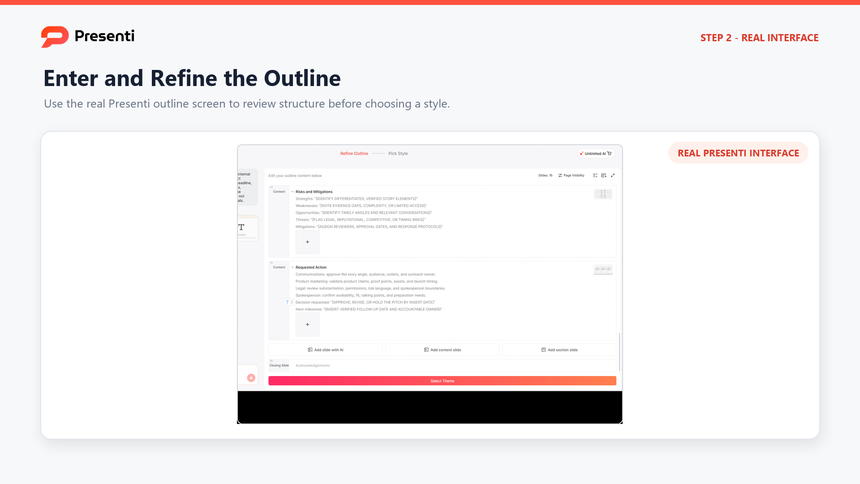 Presenti interface with an input prompt beside the generated outline review screen