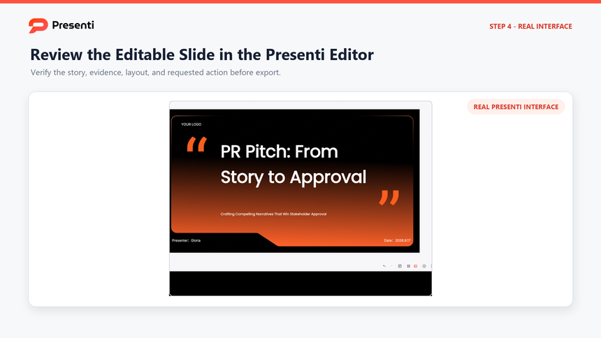 Presenti editor interface for reviewing an editable presentation slide