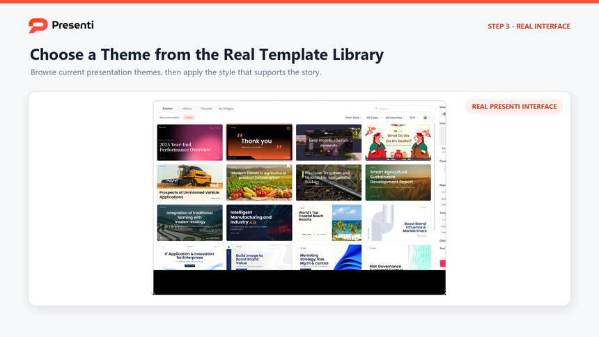 Presenti theme selection interface used after an outline has been reviewed