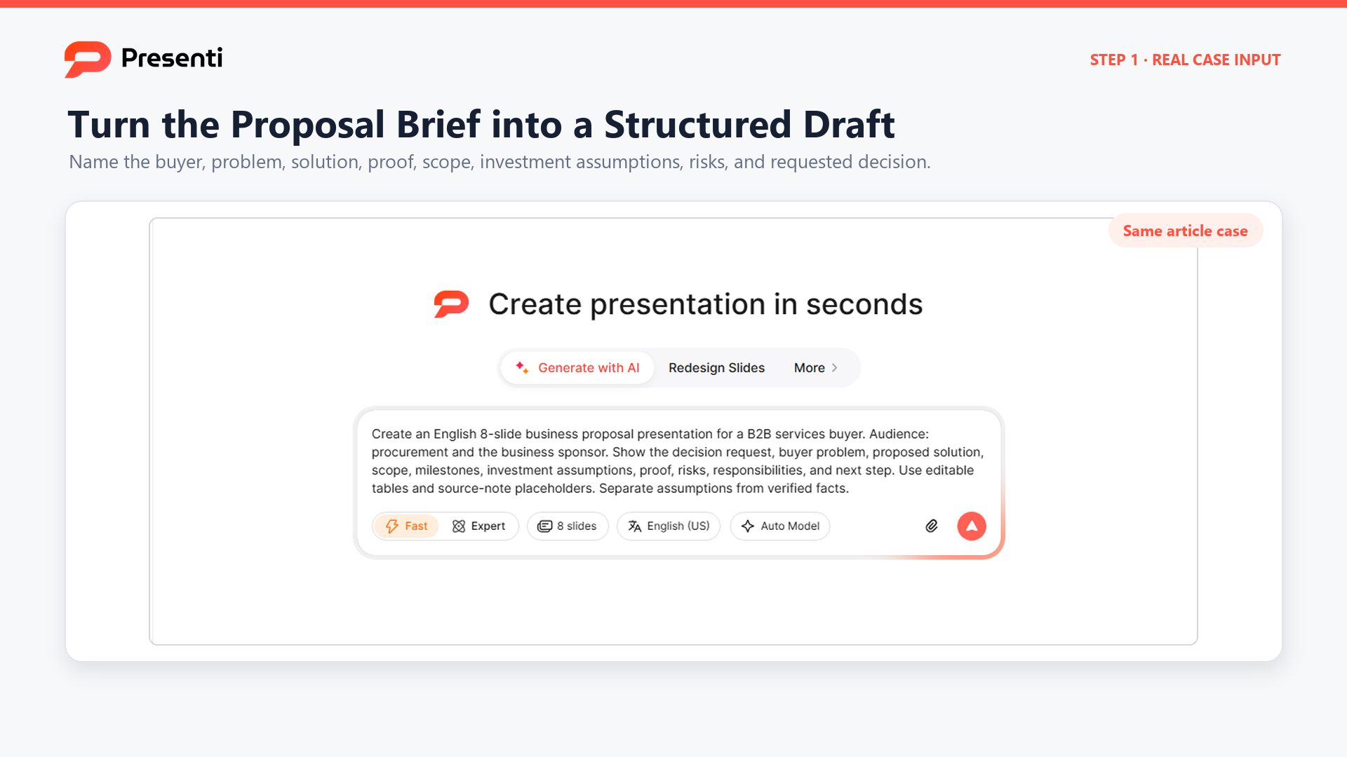 Presenti prompt field with an eight-slide business proposal presentation brief