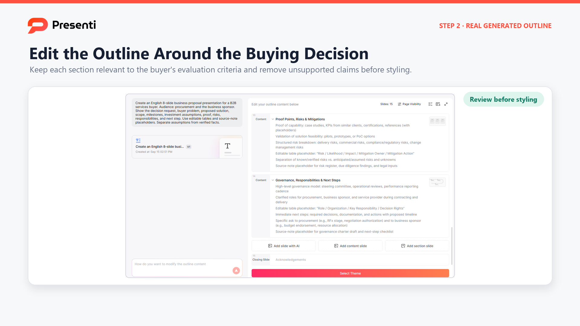 Presenti outline editor with the generated business proposal structure