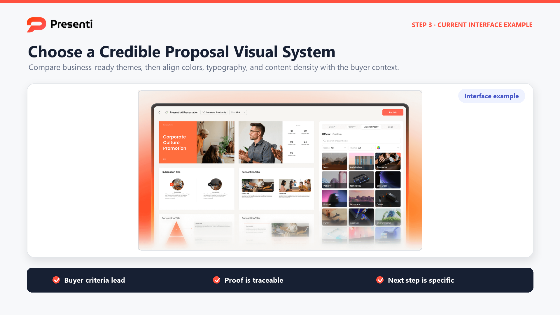 Presenti visual system interface with business slides and controls for colors, fonts, and material packs