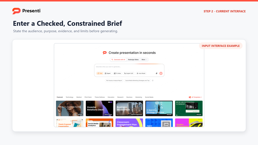 Current Presenti topic input interface framed for a case study presentation workflow