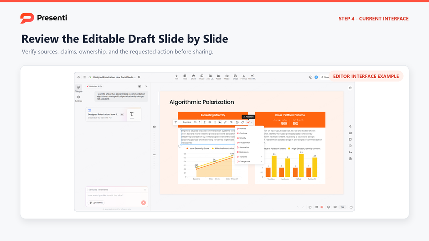 Current Presenti editor interface framed for reviewing a case study deck