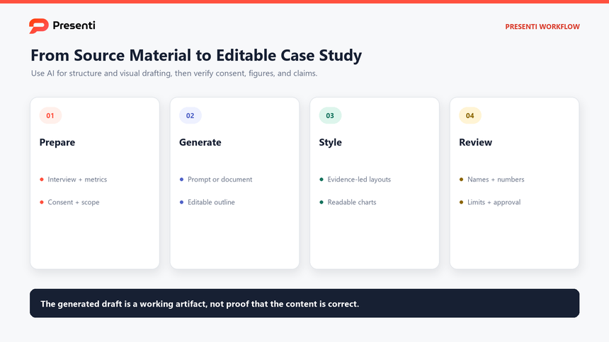 Presenti workflow for turning approved case study source material into an editable presentation