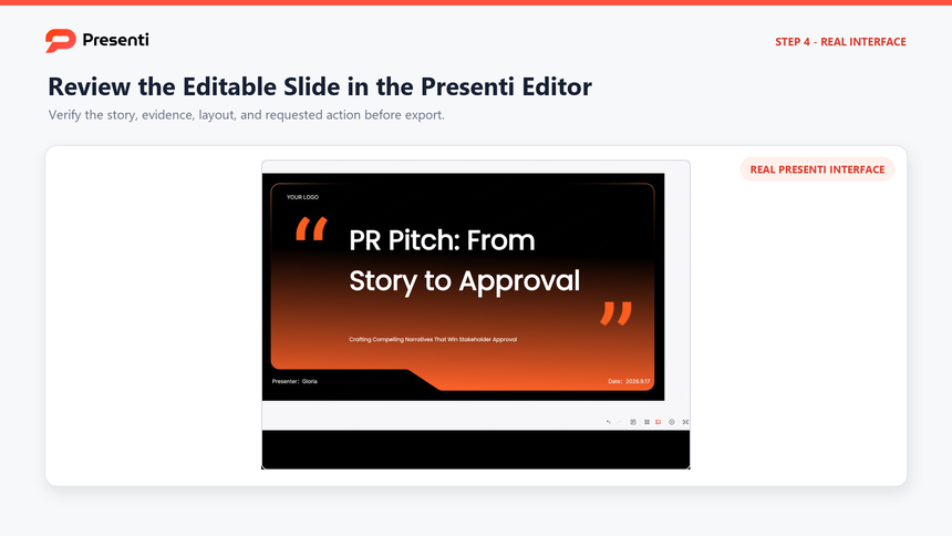 Presenti editor interface used to review an editable customer profile presentation