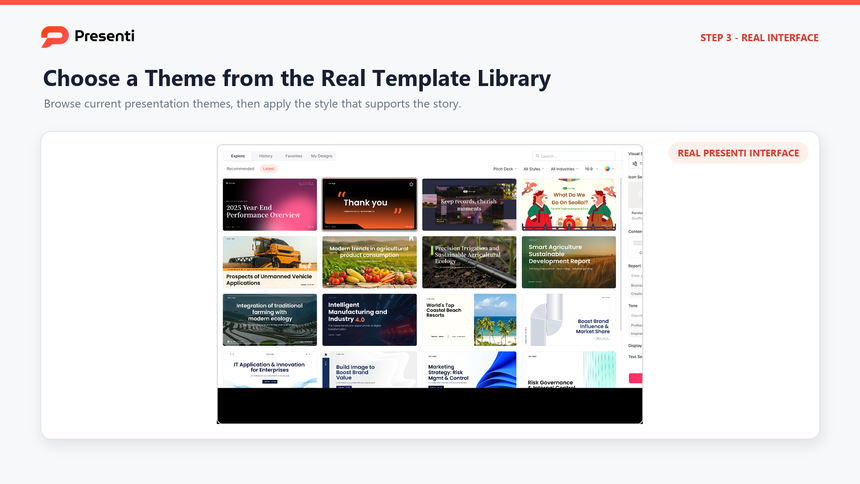 Presenti template selection interface used after a customer profile outline is reviewed