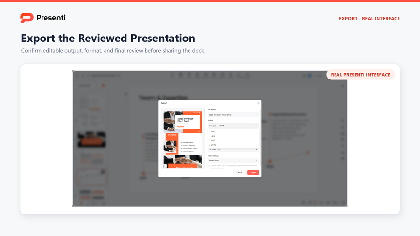 Real Presenti export interface used after reviewing a customer profile presentation