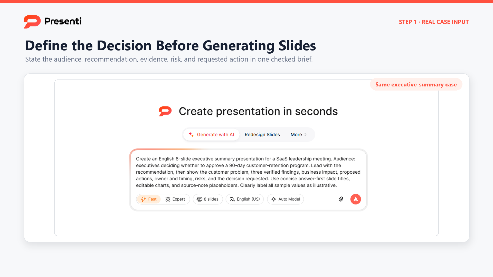 Presenti prompt field with an eight-slide executive summary brief for a SaaS leadership decision