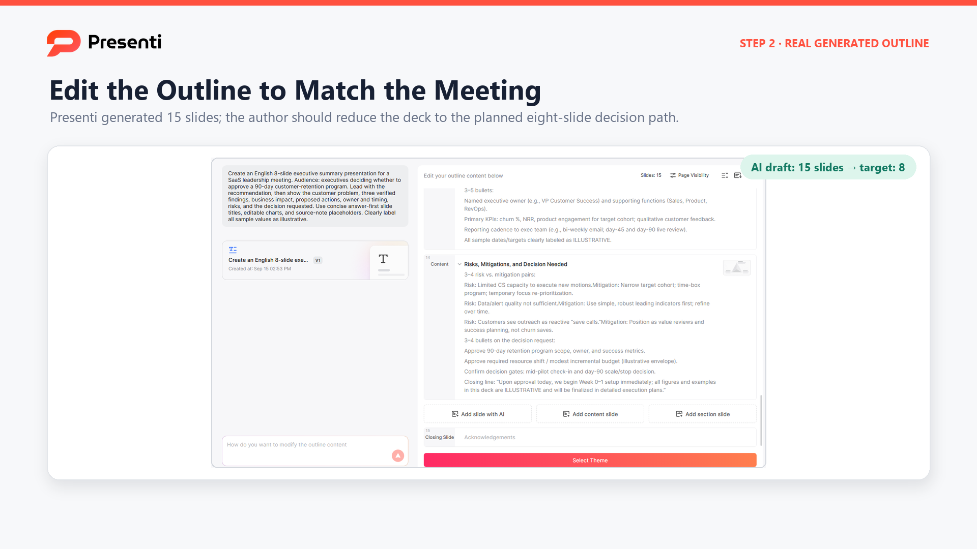 Presenti outline editor with a 15-slide executive summary draft and an eight-slide target