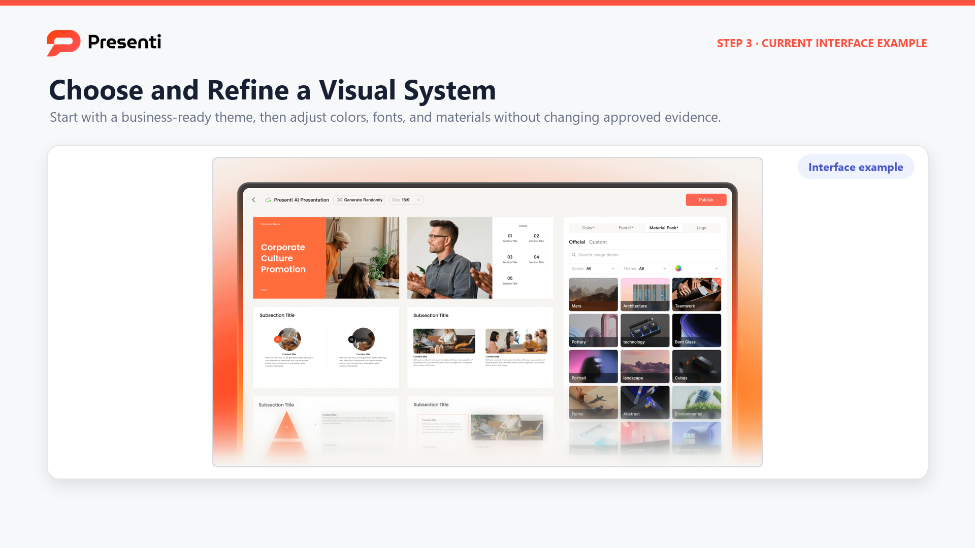 Presenti visual system interface with business slides and controls for colors, fonts, and material packs