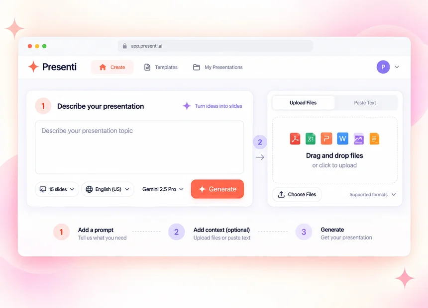 Presenti workspace showing prompt input, file upload, and presentation generation controls