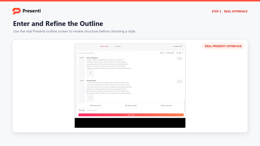 Real Presenti outline interface for reviewing a public relations pitch structure