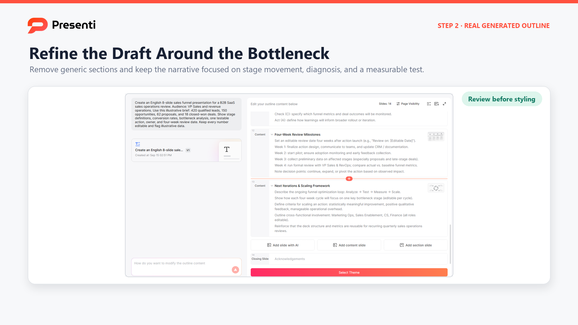 Presenti outline editor with the generated sales funnel presentation structure