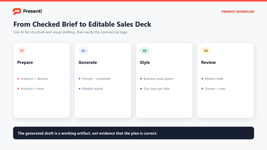 Presenti workflow for turning a checked sales strategy brief into an editable presentation draft and review