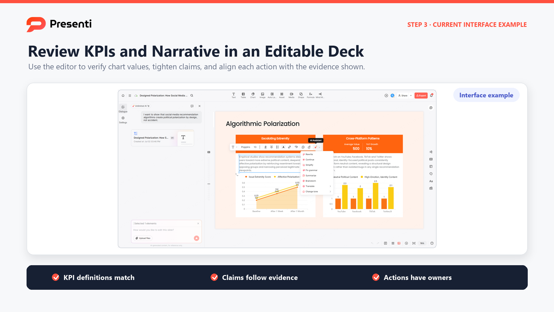 Presenti editor example with editable social media presentation content and charts