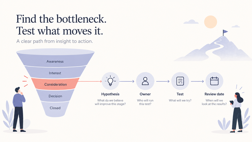 Sales funnel bottleneck slide linking a conversion drop to hypothesis, owner, test, and review date