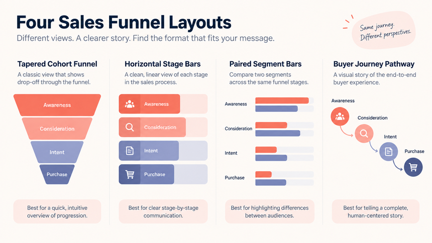 Comparison of tapered funnel, stage bars, paired segment bars, and buyer journey layouts