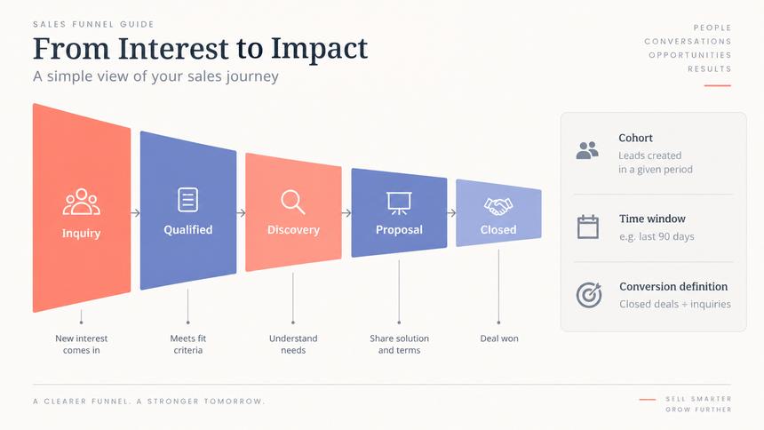 Sales funnel stage definitions with cohort, time window, and conversion-rate checks