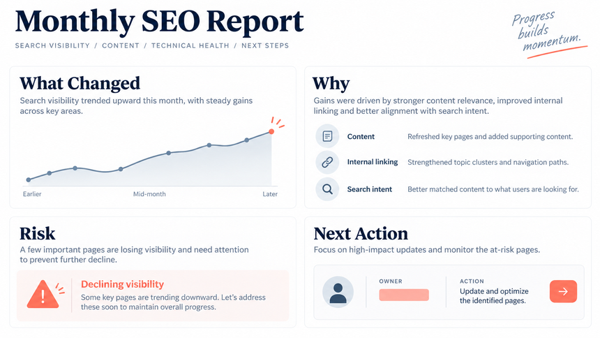 Illustrative monthly SEO report slide with change, cause, risk, and next action