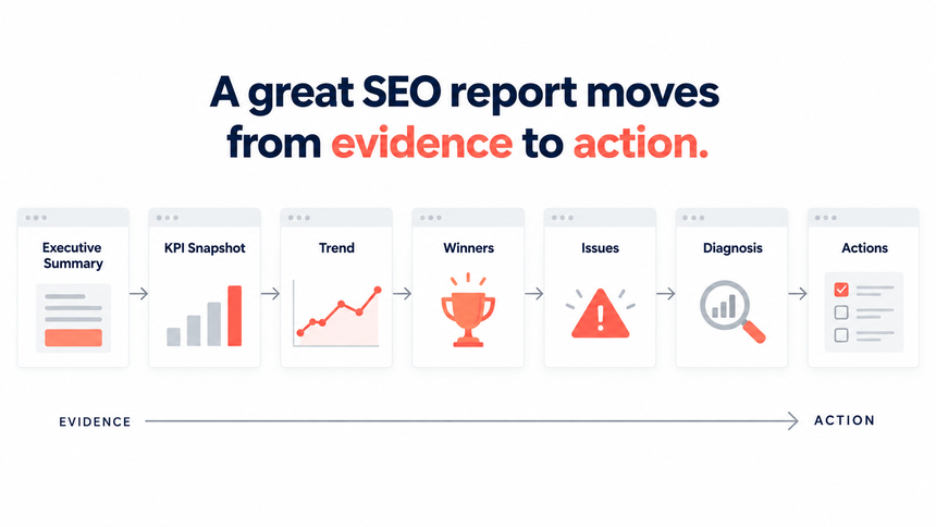 SEO report presentation slide structure from executive summary to actions