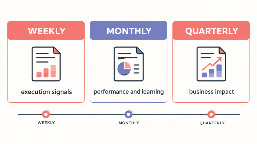 Comparison of weekly, monthly, and quarterly social media reporting focus